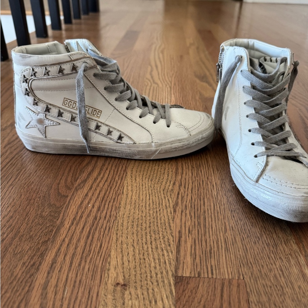 Golden Goose Women's Slide Studded Leather High Top Sneakers Optic White/Silver - Picture 5 of 5